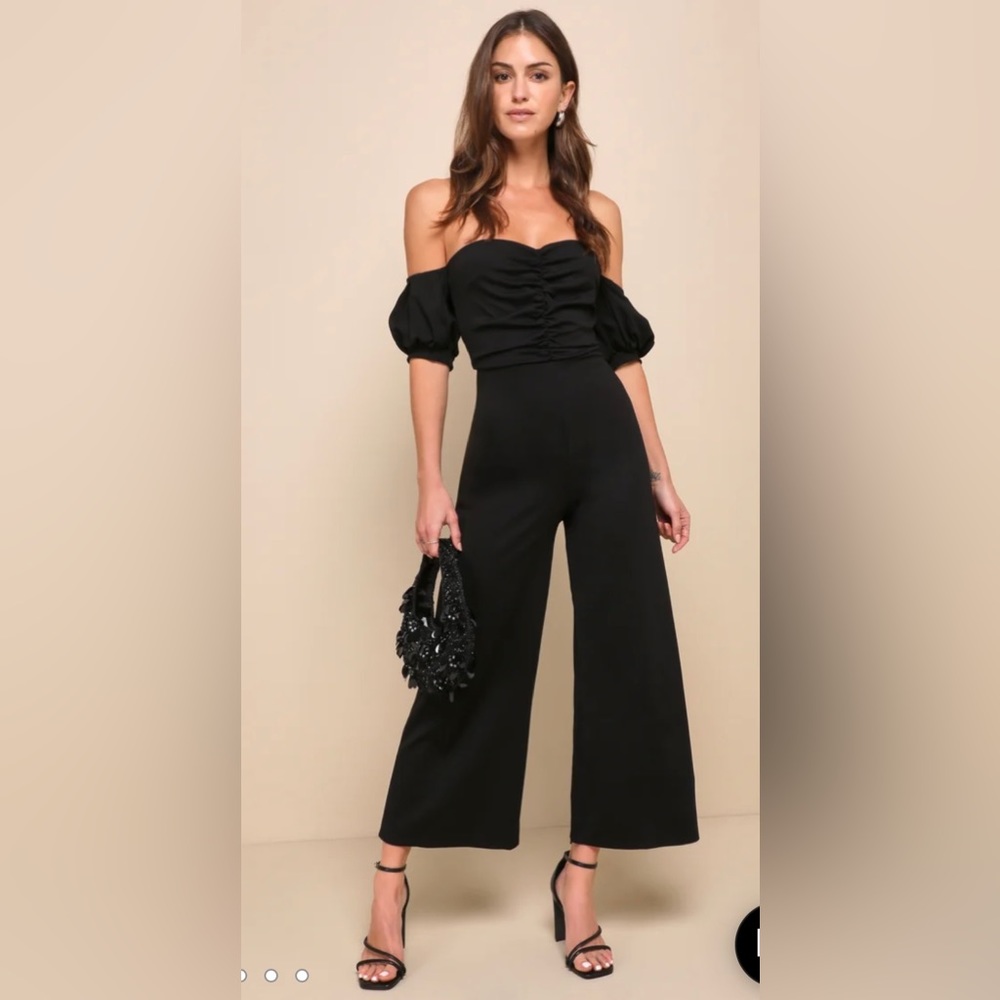 Lulus black Impress Release Black Off-the-Shoulder Puff Sleeve Jumpsuit